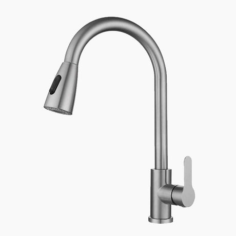 Pull Down Kitchen Faucet  Brushed Steel Gooseneck Design - Product showcase