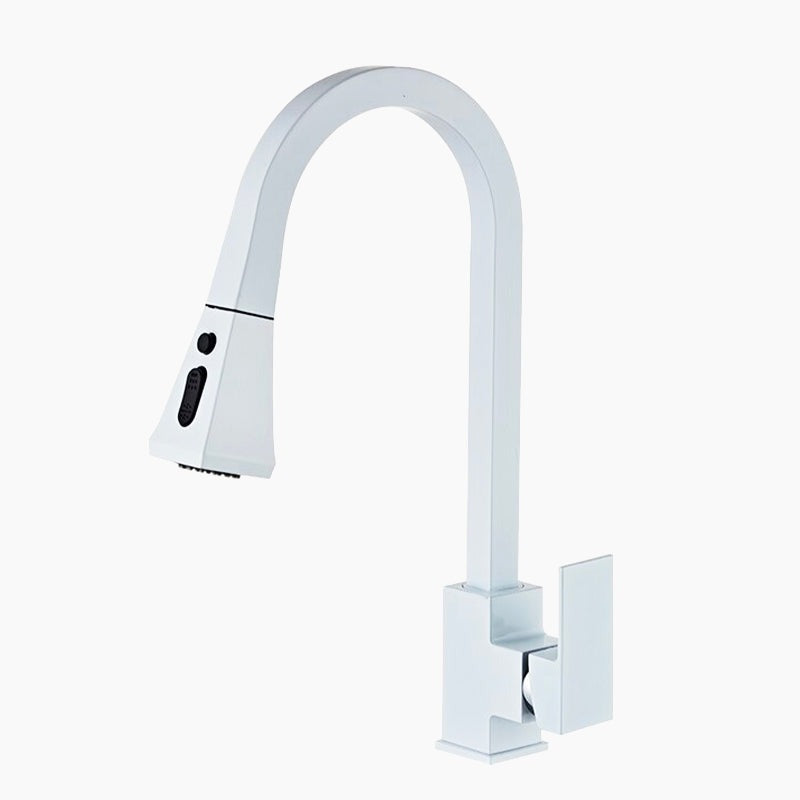 Modern Kitchen Faucet  White Pull-Down Sprayer Square Design - Product showcase