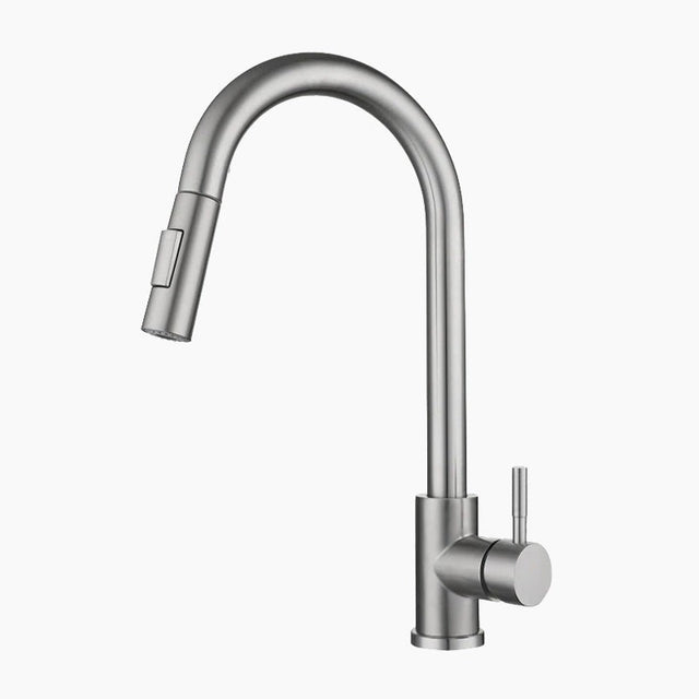 Modern Pull-Down Kitchen Faucet  Brushed Stainless Steel Gooseneck Design - Product showcase