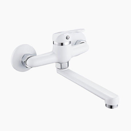 Modern Wall Mount Kitchen Faucet  White Extended Swivel Spout - Product showcase
