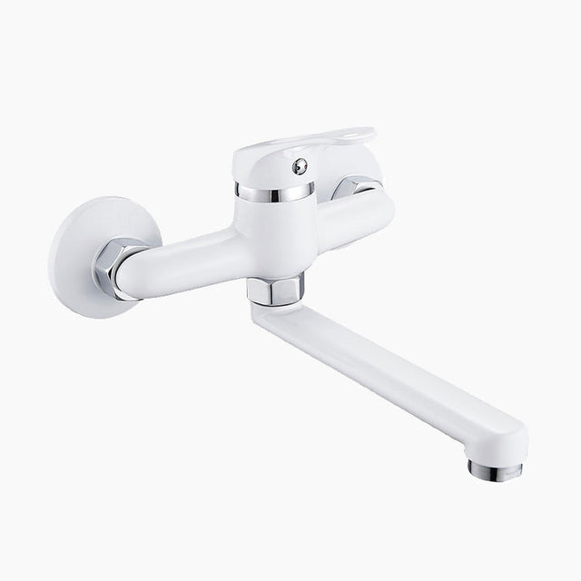 Modern Wall Mount Kitchen Faucet  White Extended Swivel Spout - Product showcase