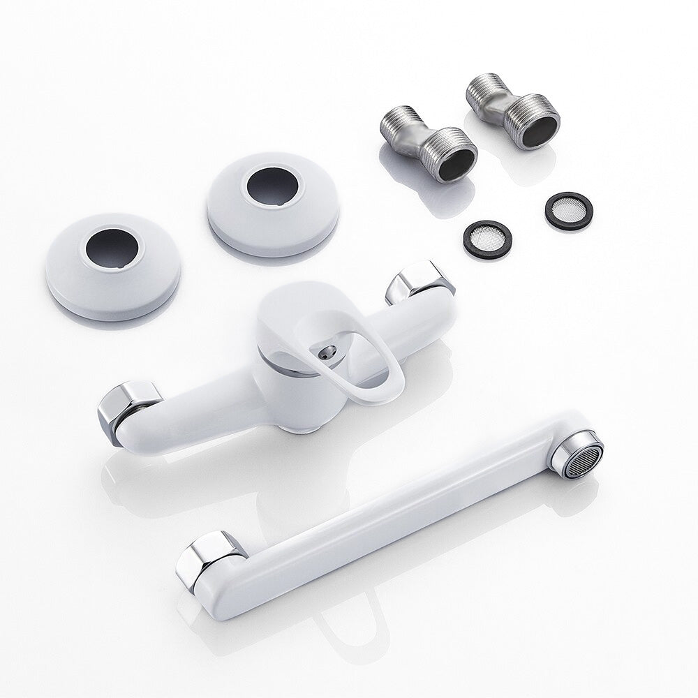 Modern Wall Mount Kitchen Faucet  White Extended Swivel Spout - Detailed view