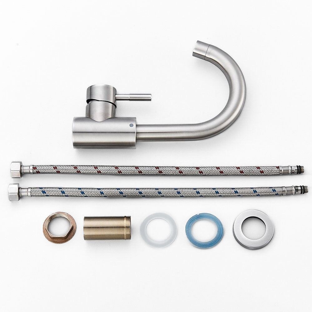 Modern Basin Mixer Tap  Brushed Steel Gooseneck Design - Detailed view