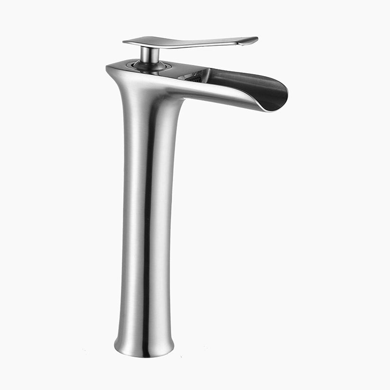 Waterfall Vessel Faucet  Brushed Steel High-Rise Design - Product showcase