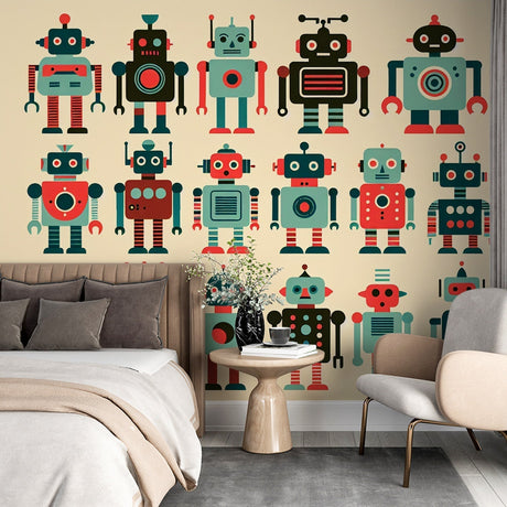 Robot wallpaper mural bringing retro charm to a modern gaming room, featuring mint green and coral geometric patterns