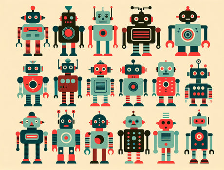 Robot wallpaper design file showing detailed retro-inspired mechanical characters on warm beige background