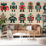 Robot gaming wallpaper creating a fun atmosphere in modern kids bedroom with gaming setup and colorful accents