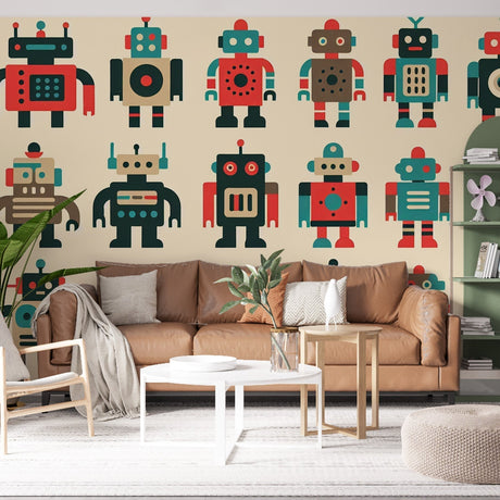 Robot gaming wallpaper creating a fun atmosphere in modern kids bedroom with gaming setup and colorful accents