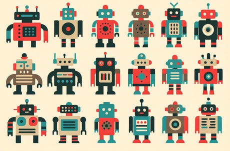 Retro robot wallpaper design file showing detailed pattern of vintage-inspired mechanical characters