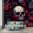 Rock music wallpaper with skull design making a bold statement in modern living room with leather furniture
