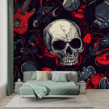 Rock music wallpaper with skull design making a bold statement in modern living room with leather furniture