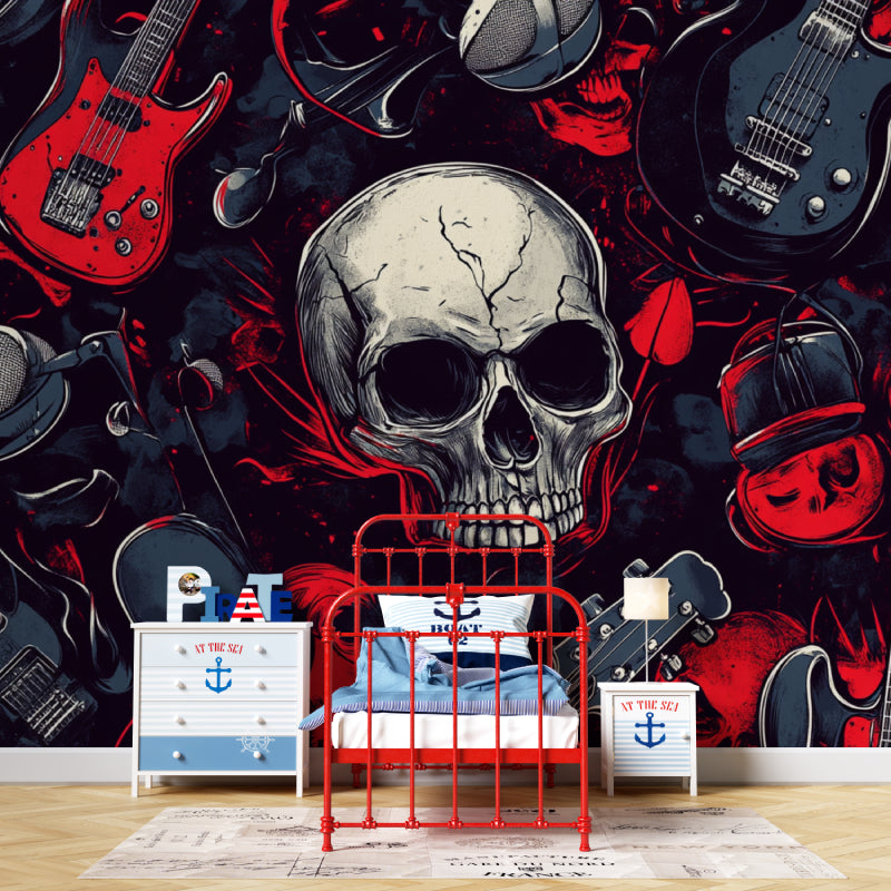 Teen bedroom transformed with skull and guitar wallpaper creating cool hangout space