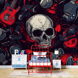 Teen bedroom transformed with skull and guitar wallpaper creating cool hangout space