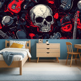 Music room featuring red and black skull wallpaper design with dramatic lighting