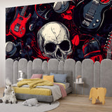 Home studio space with rock music themed wall mural creating perfect recording atmosphere