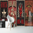 Rock music wallpaper displayed in modern entertainment room with vintage concert poster design creating bold accent wall