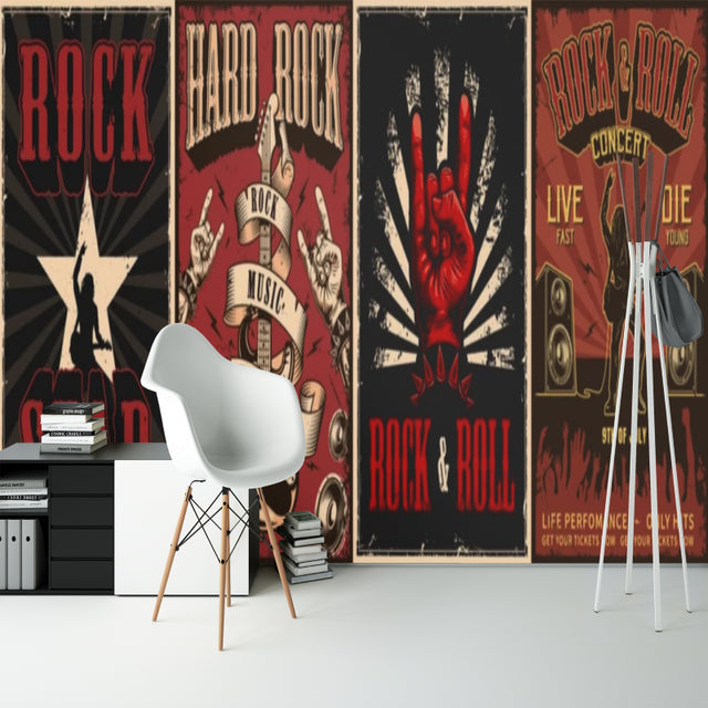 Rock music wallpaper displayed in modern entertainment room with vintage concert poster design creating bold accent wall