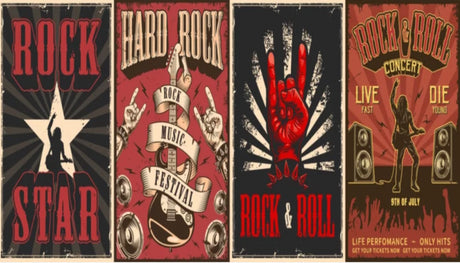 Rock music concert poster design file featuring retro typography and distressed textures in red and black