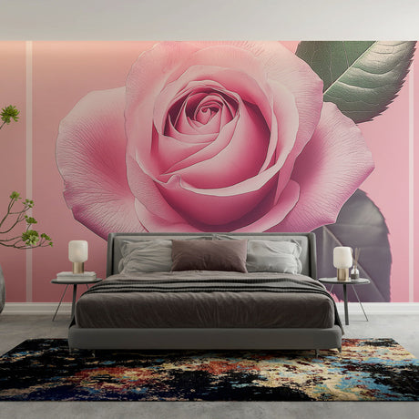 Pink Rose Mural Wallpaper creating a peaceful atmosphere in a bright modern bedroom with natural light