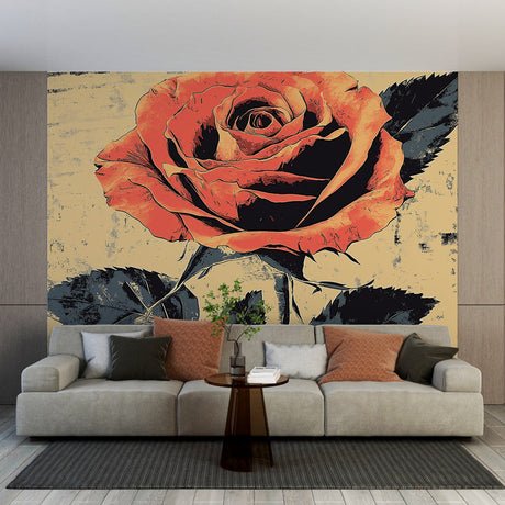 Rose mural wallpaper creating a stunning focal point in an elegant dining room with coral and black tones