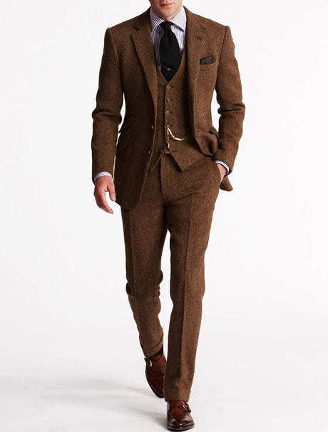 Classic Tweed Three Piece Suit  Brown Herringbone Wool Blend - Product showcase