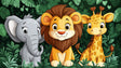 Safari Animals Wallpaper in bright kids bedroom, showing cartoon elephant and lion friends creating a fun learning space
