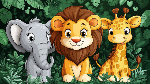 Safari Animals Wallpaper in bright kids bedroom, showing cartoon elephant and lion friends creating a fun learning space