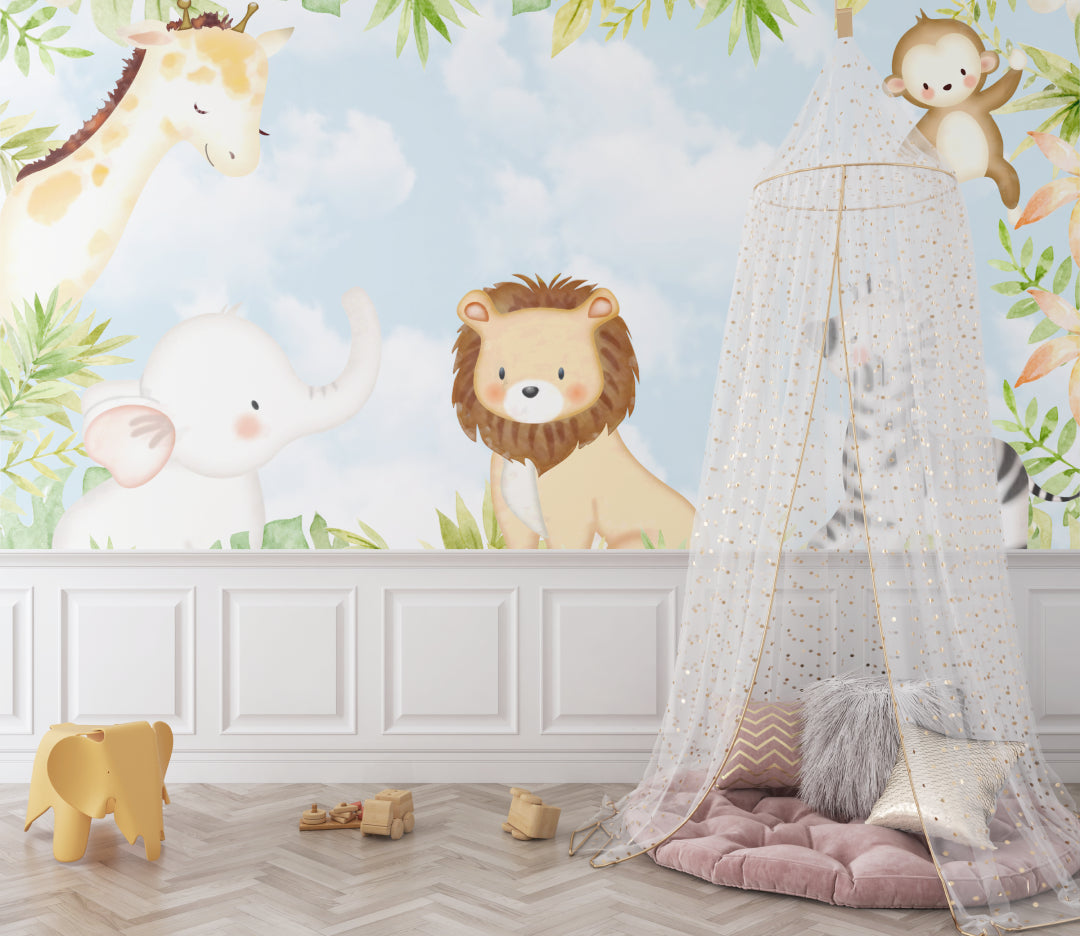 Playroom decorated with Safari Animals Wallpaper showing happy monkey and lion