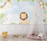 Playroom decorated with Safari Animals Wallpaper showing happy monkey and lion