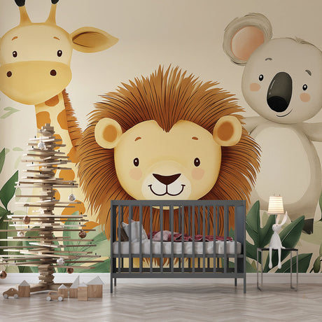 Safari animals wallpaper bringing warmth to a modern nursery with gentle lion, giraffe and koala friends