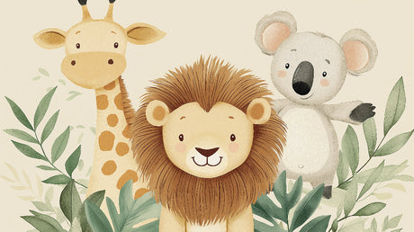 Safari animals wallpaper design file showing sweet lion, giraffe and koala pattern