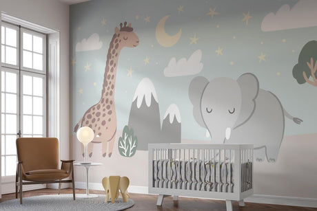 Safari Animals Wallpaper in cozy nursery with soft lighting and wooden furniture