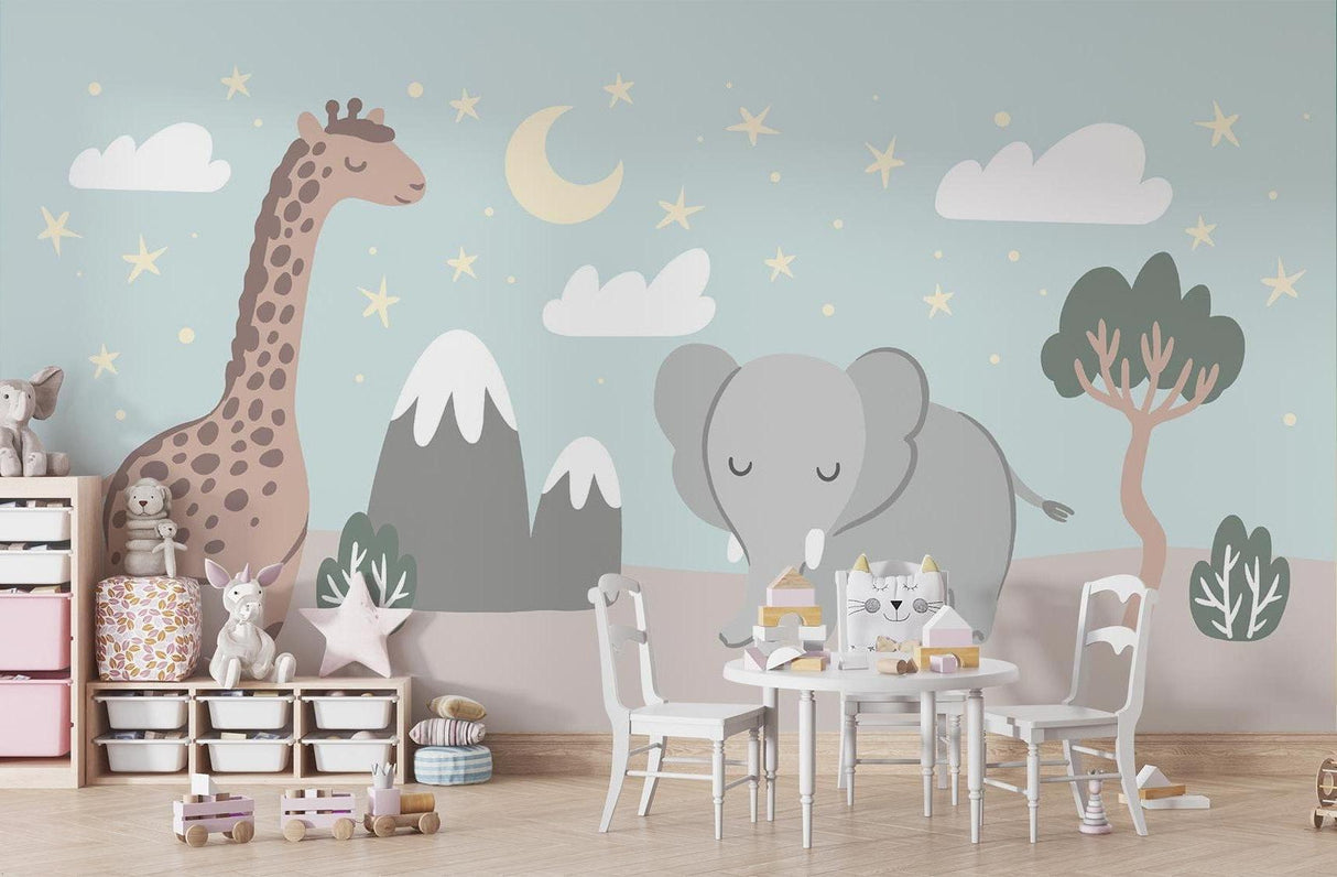 Kids bedroom featuring Safari Animals Mural with reading nook and star lights