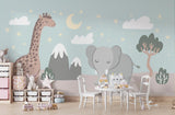 Kids bedroom featuring Safari Animals Mural with reading nook and star lights