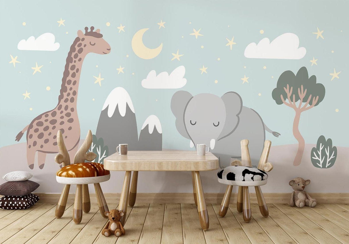 Playroom wall with Safari Animals Wallpaper creating calm play space