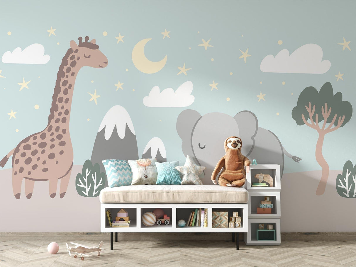 Baby room with Safari Animals Mural showing peaceful elephant and giraffe scene