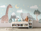 Baby room with Safari Animals Mural showing peaceful elephant and giraffe scene