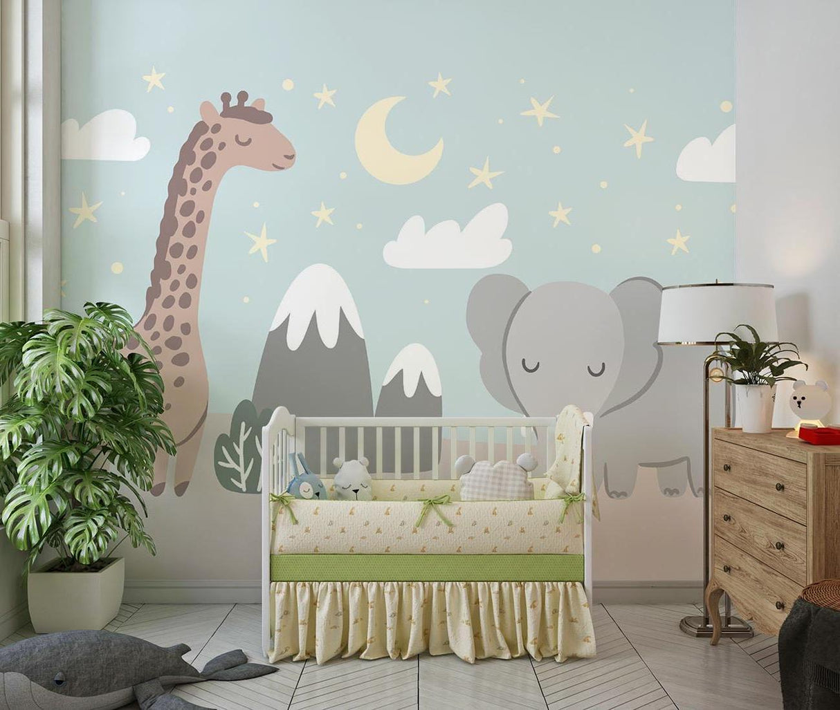 Modern nursery featuring Safari Animals Wallpaper with minimal decor