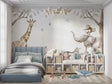 Safari Animals Wallpaper in bright nursery with white furniture showing gentle watercolor animals