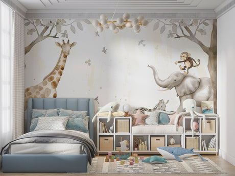 Safari Animals Wallpaper in bright nursery with white furniture showing gentle watercolor animals