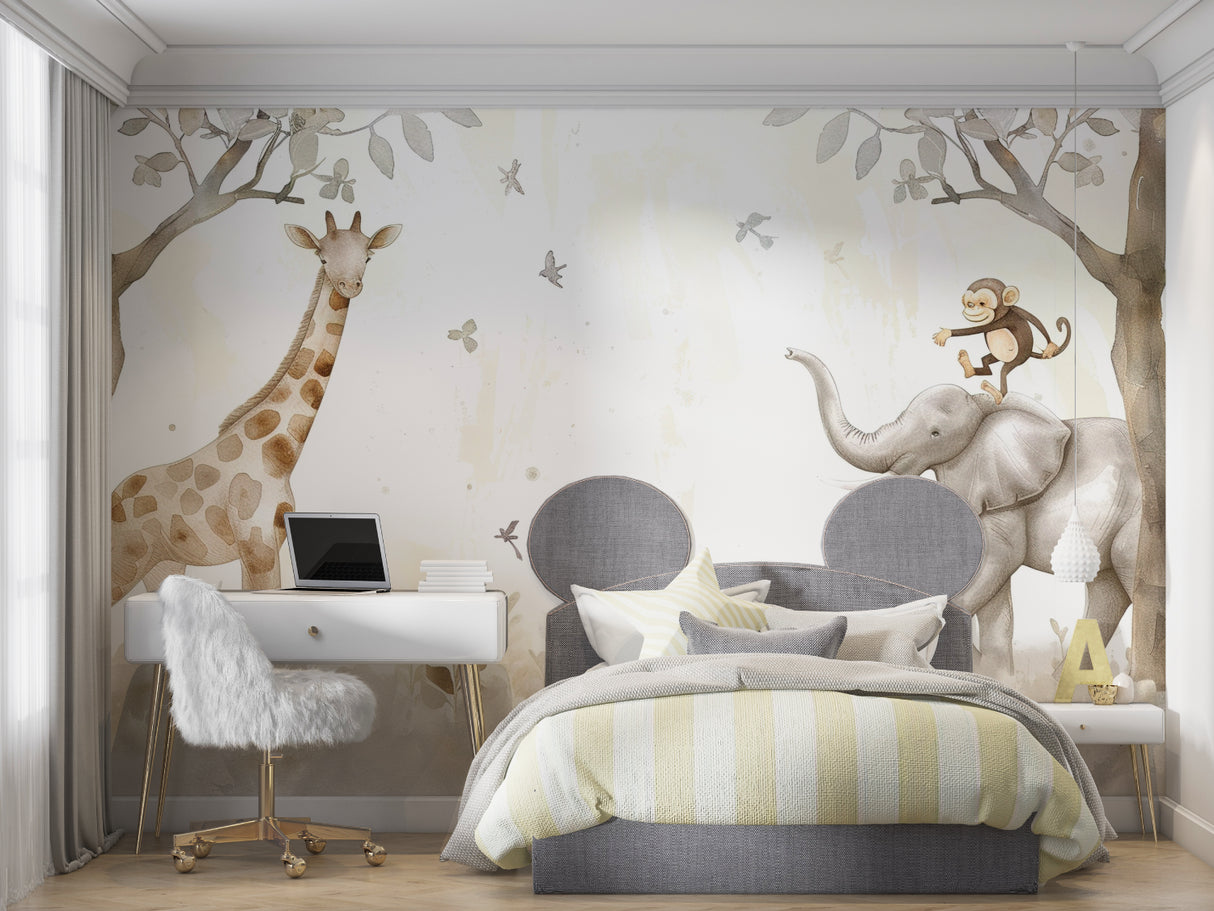 Modern nursery with Safari Animals Mural featuring neutral color scheme