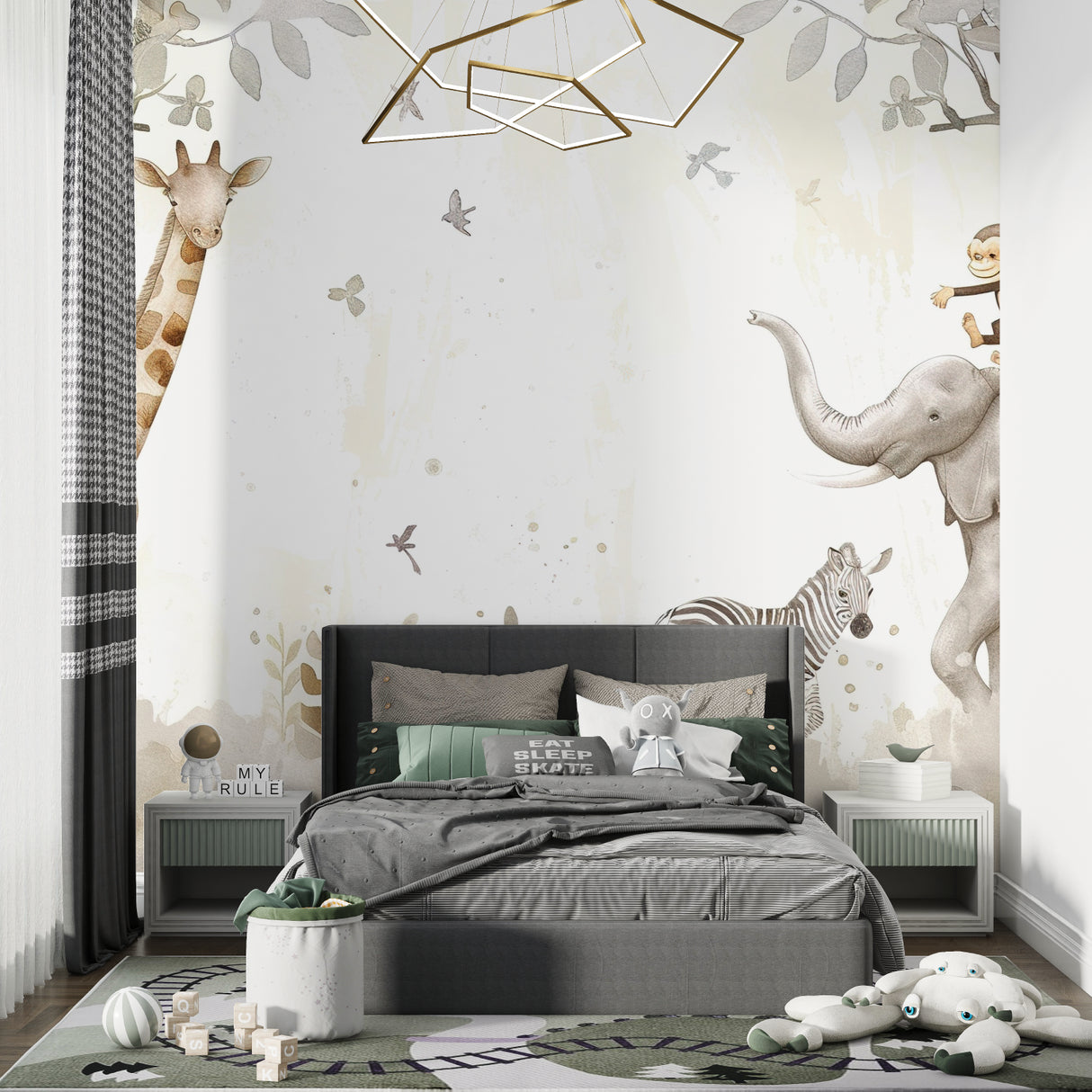 Safari Animals Wallpaper in modern white nursery with wooden crib and natural decor