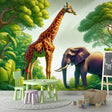 Safari Animals Wallpaper in bright kids bedroom, showing giraffe and elephant mural creating a fun learning space