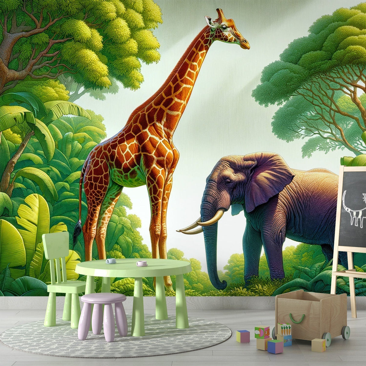 Safari Animals Wallpaper in bright kids bedroom, showing giraffe and elephant mural creating a fun learning space