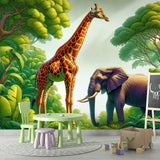 Safari Animals Wallpaper in bright kids bedroom, showing giraffe and elephant mural creating a fun learning space