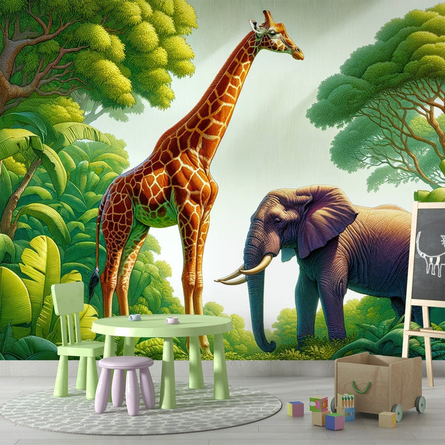 Safari Animals Wallpaper in bright kids bedroom, showing giraffe and elephant mural creating a fun learning space