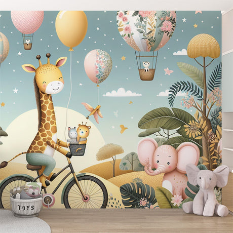 Safari animals wallpaper with hot air balloons creating a magical atmosphere in a modern nursery with soft lighting