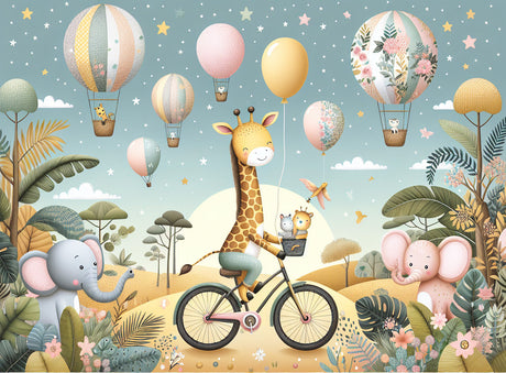 Safari animals wallpaper design file showing whimsical giraffe and elephants with floating hot air balloons
