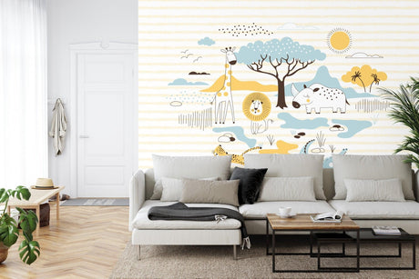Safari Animals Wallpaper creating a cozy atmosphere in a modern nursery with white furniture