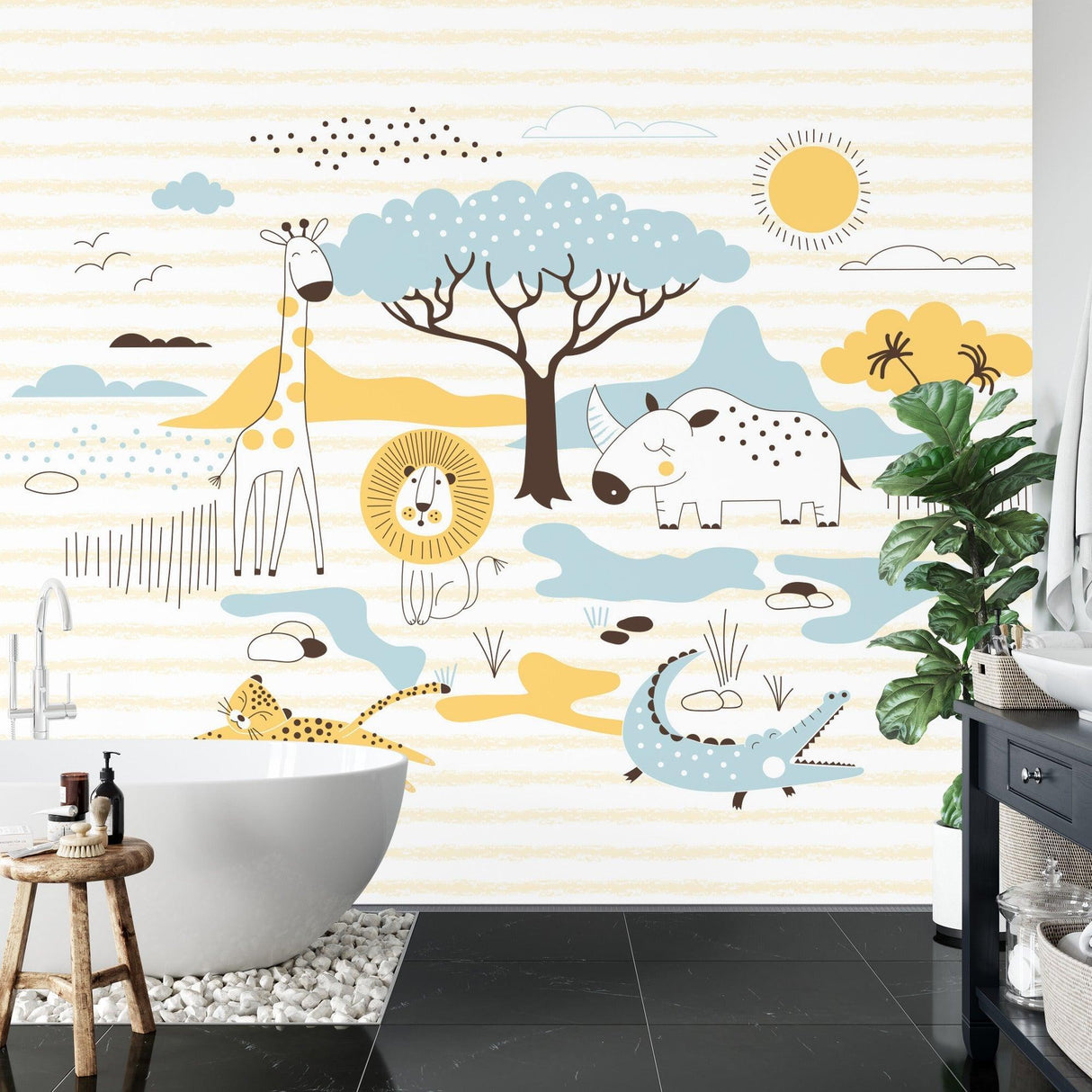 Safari Nursery Wallpaper displayed in a reading nook with natural lighting